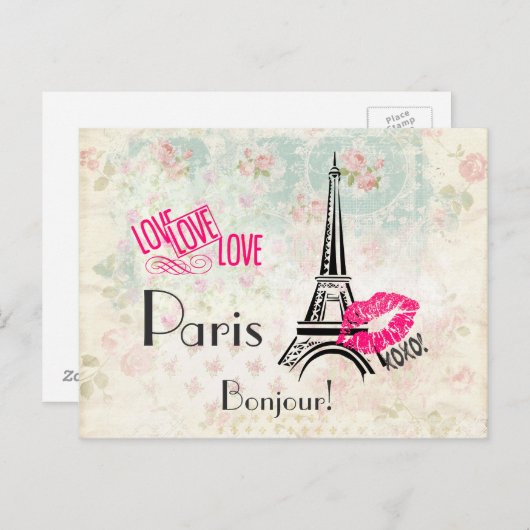 Love Paris with Eiffel Tower on Pattern Briefkaart (Voorkant / Achterkant)