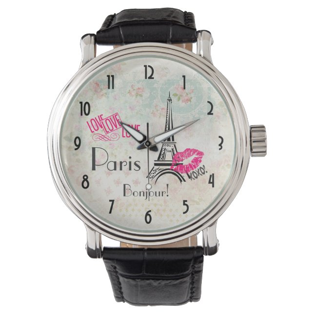 Love Paris with Eiffel Tower on  Pattern Horloge (Voorkant)