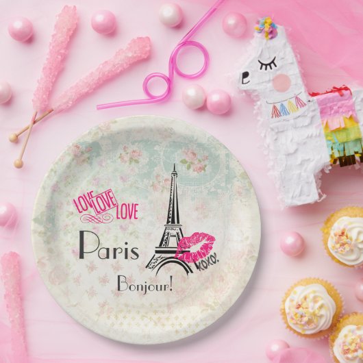 Love Paris with Eiffel Tower on Pattern Papieren Bordje (Feest)
