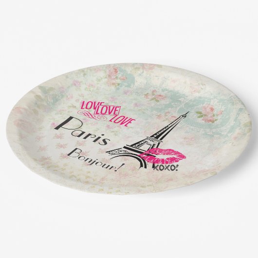 Love Paris with Eiffel Tower on Pattern Papieren Bordje (Gekanteld)