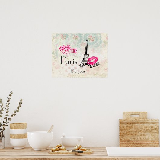 Love Paris with Eiffel Tower on  Pattern Poster (Keuken)