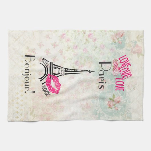 Love Paris with Eiffel Tower on  Pattern Theedoek (Horizontaal)