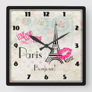 Love Paris with Eiffel Tower on  Pattern Vierkante Klok