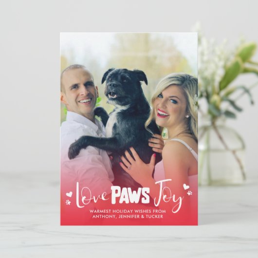Love Paws Joy - Red & White - Pets Kerstfoto Feestdagenkaart (Staand voorkant)