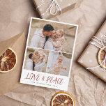 Love & Peace 3 Photo Collage Kerstfeestdag Feestdagenkaart<br><div class="desc">Moderne kerstfeestfotokaarten voor liefde en vredeshandschrift. Een boho-ontwerp met drie foto's van uw keuze in een eenvoudige collage lay-out. Er is één grote horizontale foto bij de bovenkant van de pagina met twee kleinere foto's naast elkaar hieronder. Hieronder staat "liefde en vrede" in handschrift-achtige hoofdsteden in een prachtige terracotta kleur....</div>
