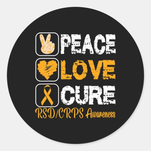 LOVE PEACE CURE RSD CRPS BEWUSTZIJN RONDE STICKER (Voorkant)
