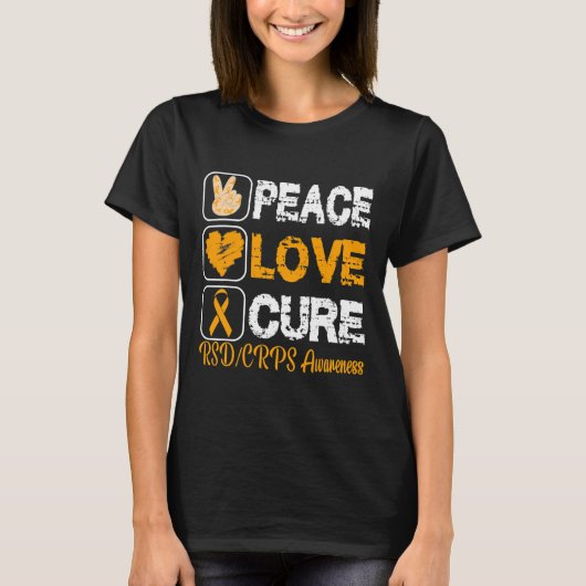 LOVE PEACE CURE RSD CRPS BEWUSTZIJN T-SHIRT (Voorkant)