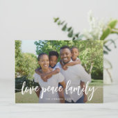 Love Peace Family Modern Brush Script Photo Feestdagenkaart (Staand voorkant)