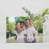 Love Peace Family Modern Brush Script Photo Feestdagenkaart (Staand voorkant)