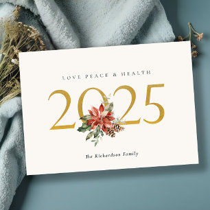 Love Peace Health Poinsettia Bunch Folie Gold 2025 Feestdagenkaart