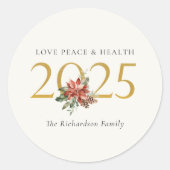 Love Peace Health Poinsettia Bunch Folie Gold 2025 Ronde Sticker (Voorkant)
