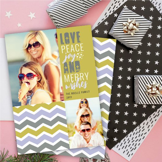 Love Peace Joy and Merry Wishes Chevron Mod Photo Feestdagenkaart