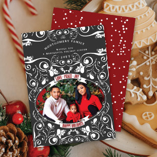 Love Peace Joy Art Nouveau Floral Flourish Foto Feestdagenkaart