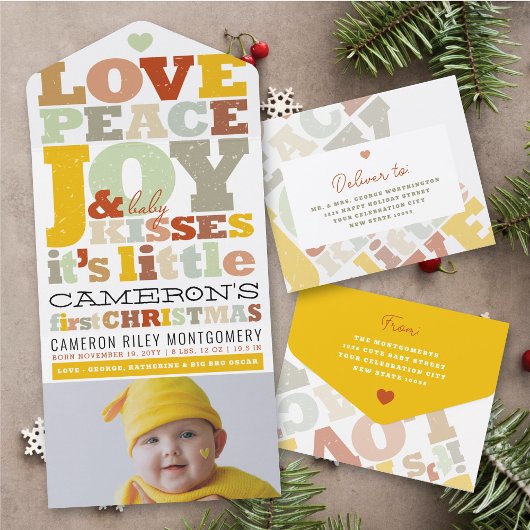 Love Peace Joy & Baby Kisses Foto Vakantie Geboort All In One Uitnodiging