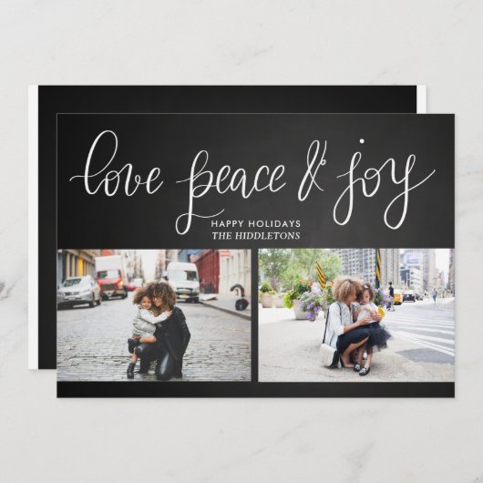Love Peace Joy Chalkboard Holiday Script Two Photo Feestdagenkaart (Voorkant / Achterkant)