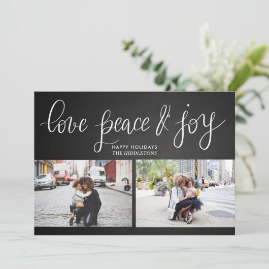 Love Peace Joy Chalkboard Holiday Script Two Photo Feestdagenkaart (Staand voorkant)