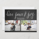 Love Peace Joy Chalkboard Holiday Script Two Photo Feestdagenkaart<br><div class="desc">Love Peace Joy Chalkboard Holiday Script Two Photo</div>