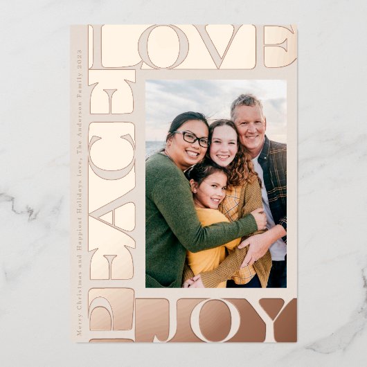 LOVE PEACE JOY een foto lijst blush roos goud Folie Feestdagenkaart (Voorkant)
