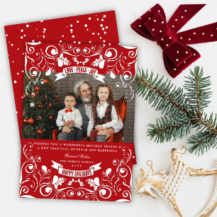 Love Peace Joy Elegant Floral Flourish Red Photo Feestdagenkaart