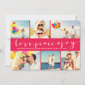 Love Peace Joy Fuchsia Band Modern Photo Collage Feestdagenkaart (Voorkant)