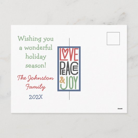 Love Peace & Joy Holiday Briefkaart (Achterkant)