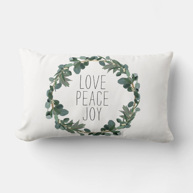 Love Peace Joy Kerstmis Eucalyptus Berry Wreath Kussen (Voorkant)