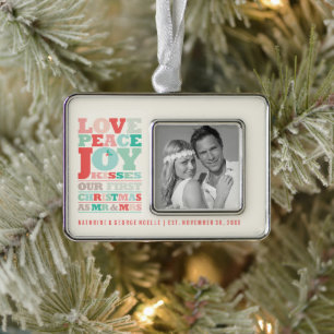 Love Peace Joy Kisses Color Typography Kerstmis Verzilverd Omlijst Ornament