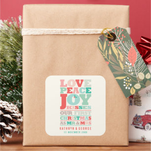 Love Peace Joy Kisses Color Typography Kerstmis Vierkante Sticker