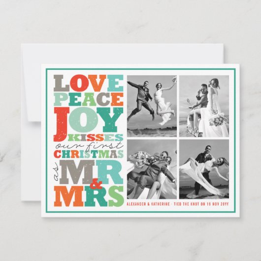 Love Peace Joy Kisses Mr & Mrs 1st-kerstfoto RSVP Kaartje (Voorkant)