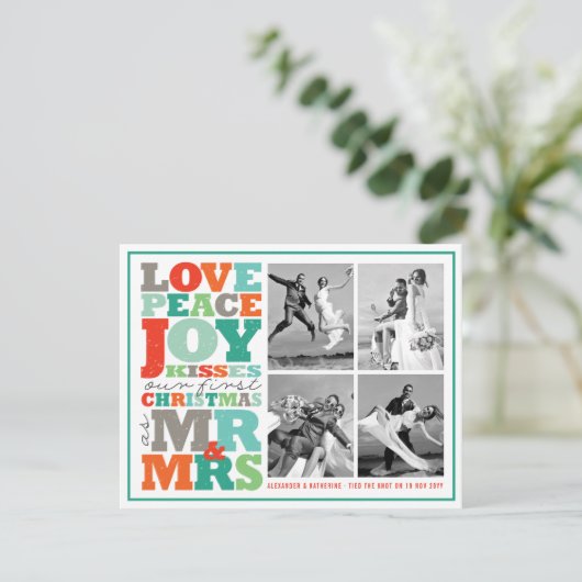 Love Peace Joy Kisses Mr & Mrs 1st-kerstfoto RSVP Kaartje (Staand voorkant)