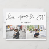 Love Peace Joy Modern Holiday Script Two Photo Feestdagenkaart (Voorkant)