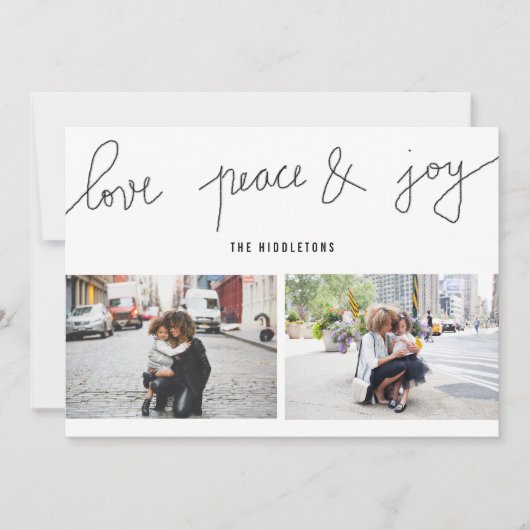 Love Peace Joy Modern Holiday Script Two Photo Feestdagenkaart (Voorkant)
