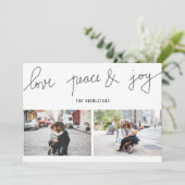 Love Peace Joy Modern Holiday Script Two Photo Feestdagenkaart (Staand voorkant)