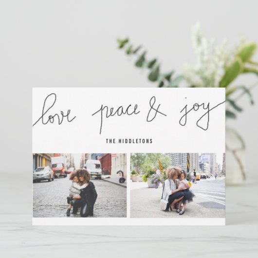 Love Peace Joy Modern Holiday Script Two Photo Feestdagenkaart (Staand voorkant)