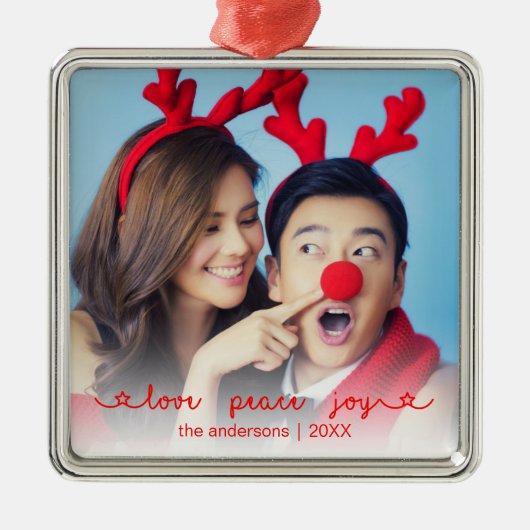 Love Peace Joy Photo Cute Red Kerstmis Metalen Ornament (Voorkant)