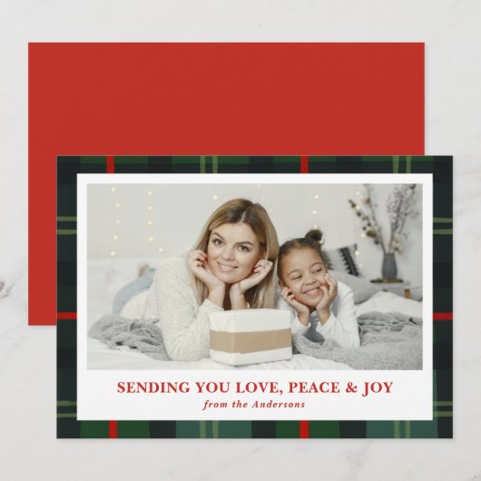 "Love, Peace & Joy" Plaid Holiday Photo Card Feestdagenkaart (Voorkant / Achterkant)