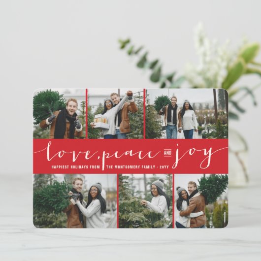 Love Peace Joy Red Band Modern 6 Photo Collage Feestdagenkaart (Staand voorkant)