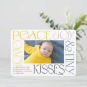 Love Peace Joy Tiny Kisses Baby's 1e Kerstmis Feestdagenkaart (Staand voorkant)