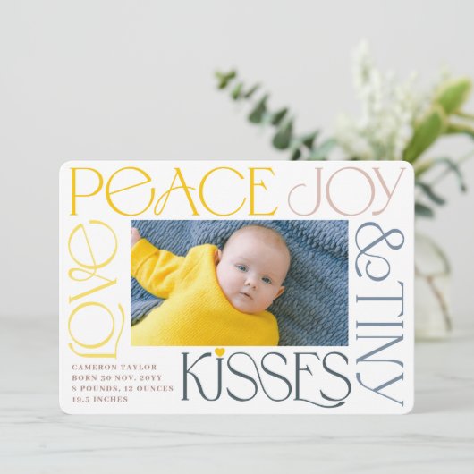 Love Peace Joy Tiny Kisses Baby's 1e Kerstmis Feestdagenkaart (Staand voorkant)