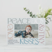 Love Peace Joy Tiny Kisses Baby's 1e Kerstmis Feestdagenkaart (Staand voorkant)