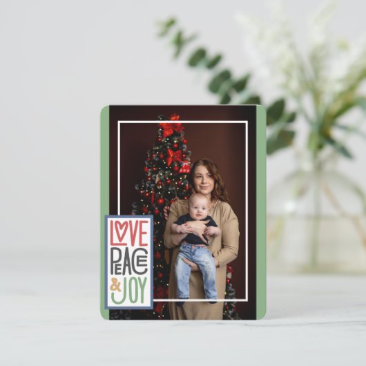 Love Peace & Joy (voeg uw eigen foto toe) Holiday  Feestdagenkaart (Staand voorkant)