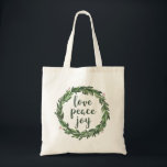 Love Peace Joy. Watercolor winter Christmas Werath Tote Bag<br><div class="desc">"Love Peace Joy" kerst canvas tas met waterverf groene krans voor de wintervakantie cadeau. Neem contact met me op als je extra items nodig hebt.</div>