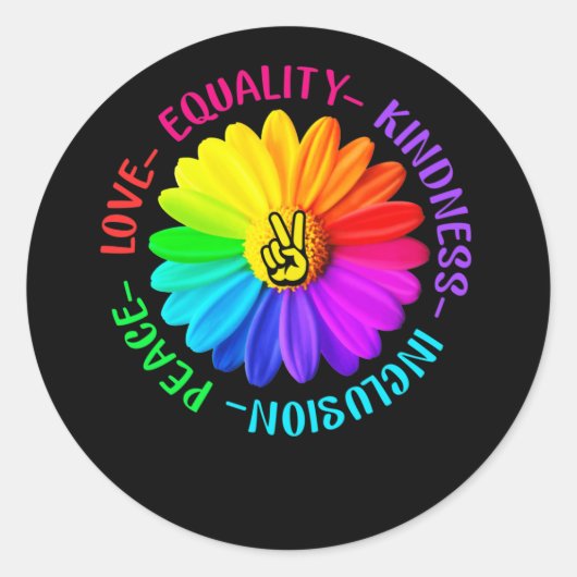 Love Peace Kindness Inclusion Peace Sign Daisy Ronde Sticker (Voorkant)