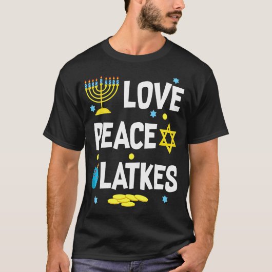 Love Peace Latkes Hanukkah Chanukah Jewish T-shirt (Voorkant)