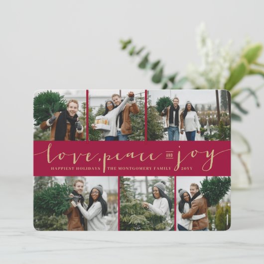 Love Peace Maroon Band Modern 6 Photo Collage Feestdagenkaart (Staand voorkant)
