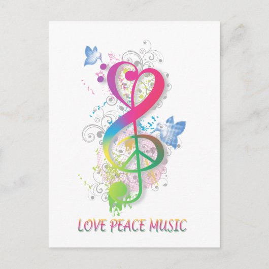 Love Peace Music Splatter zwaait bloemen vogels Briefkaart (Voorkant)