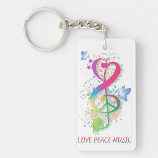 Love Peace Music Splatter zwaait bloemen vogels Sleutelhanger (Voorkant)