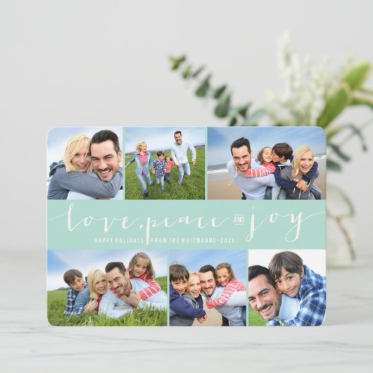 Love Peace Script Blue Band Modern 6 Foto Feestdagenkaart (Staand voorkant)