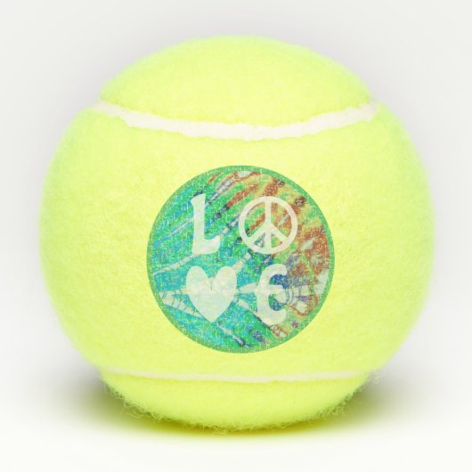 Love Peace Sign Heart Fun Hippie Boho Blauwgroen T Tennisballen (Achterkant)