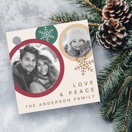 Love peace snowflakes red green photo holiday bedankjes labels